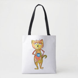Bolsa Tote Gato Cansado Caprichoso Bebendo Café
