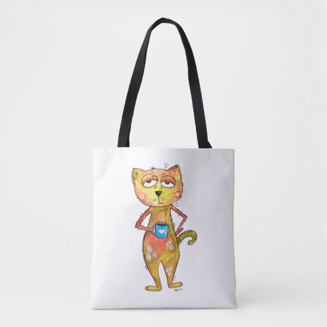 Bolsa Tote Gato Cansado Caprichoso Bebendo Café (Frente)