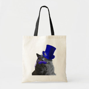 Bolsa Tote Gato Cinza com chapéu azul e bigode azul