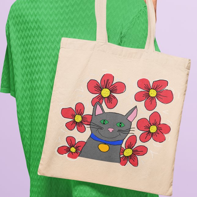 Bolsa Tote Gato cinza com flores personaliza com sua própria  (Criador carregado)
