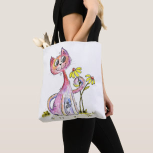 Bolsa Tote Gato Cinzento Branco Cinto com Flores Amarelas