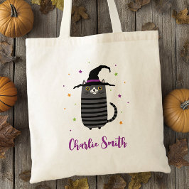 Bolsa Tote Gato com chapéu de bruxa e nome de Halloween fofo