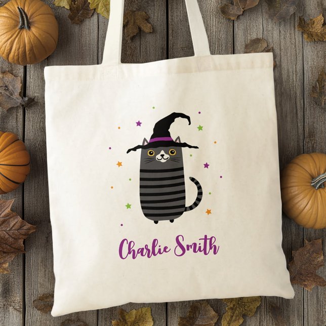 Bolsa Tote Gato com chapéu de bruxa e nome de Halloween fofo (Cat with witch hat and name cute Halloween Tote Bag)