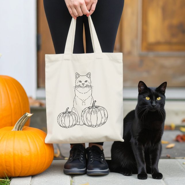 Bolsa Tote Gato Com Dois Pumpkins Line Art Cute Halloween (Disclaimer: This image is a digital mockup.)