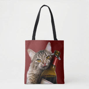 Bolsa Tote Gato Com Garrafa De Vinho