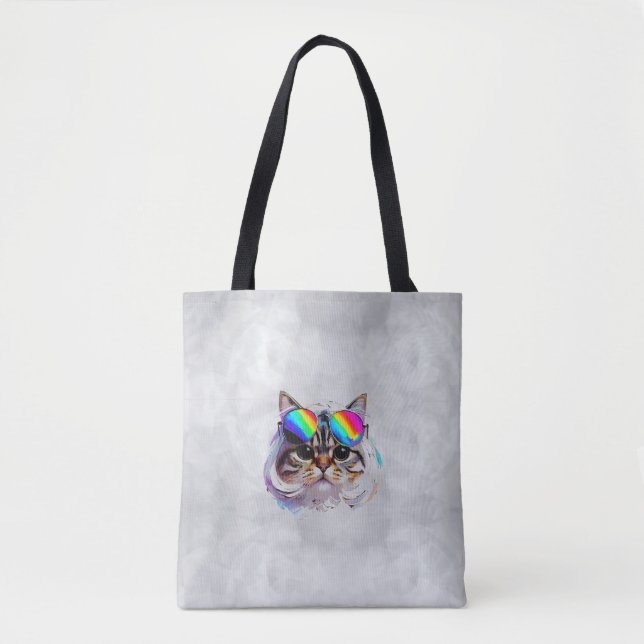 Bolsa Tote Gato com Peruca + Óculos de Sol (Pintura #3) (Frente)