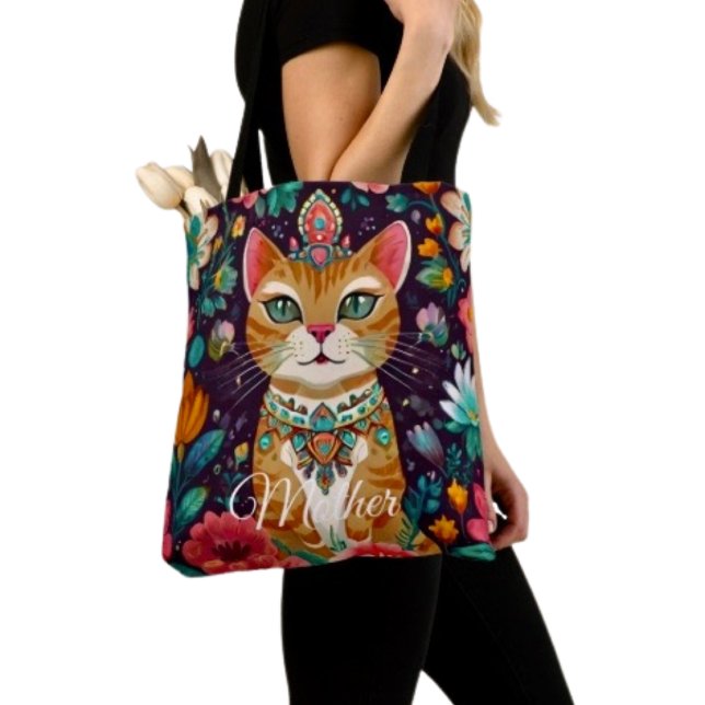 Bolsa Tote Gato Coroado Enfeitado com Joias (Tote Bag — 100% polyester, black laminated lining 100% cotton web hand. Made in the USA.
)