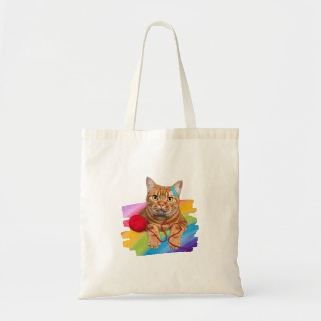 Bolsa Tote Gato danificado no fundo do arco-íris (Frente)