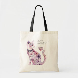 Bolsa Tote Gato de Amor Coração Flores Rosa Roxo Rubor