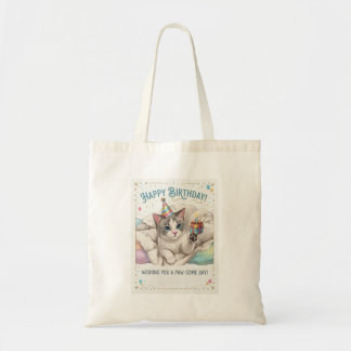 Bolsa Tote Gato de Aniversário Fofo com Chapéu de Festa e Pre