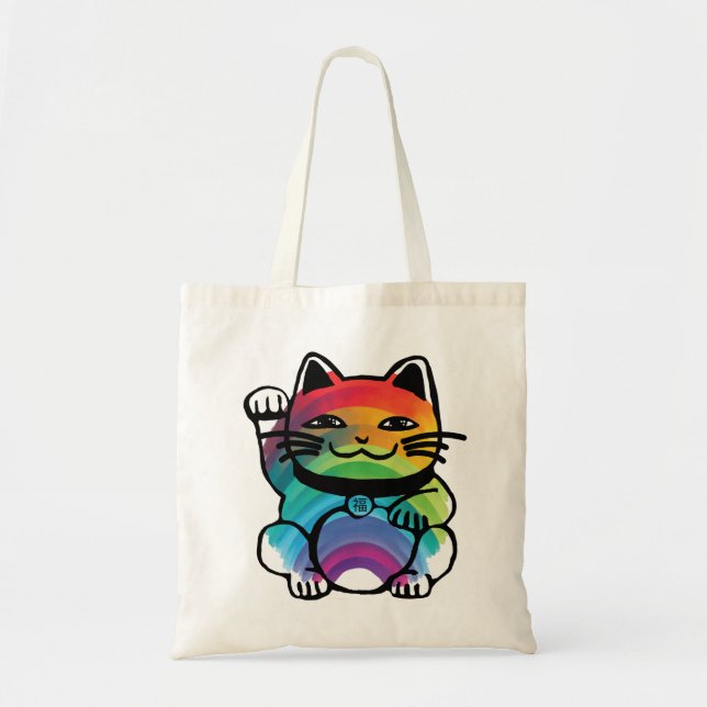 Bolsa Tote Gato de Boa Sorte Japonês com Arco-Íris (Frente)