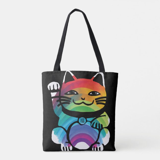 Bolsa Tote Gato de Boa Sorte Japonês com Arco-Íris (Verso)