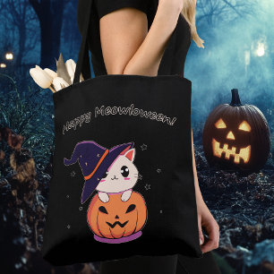 Bolsa Tote Gato de Bruxa Kawaii Adorável na Abóbora de Hallow