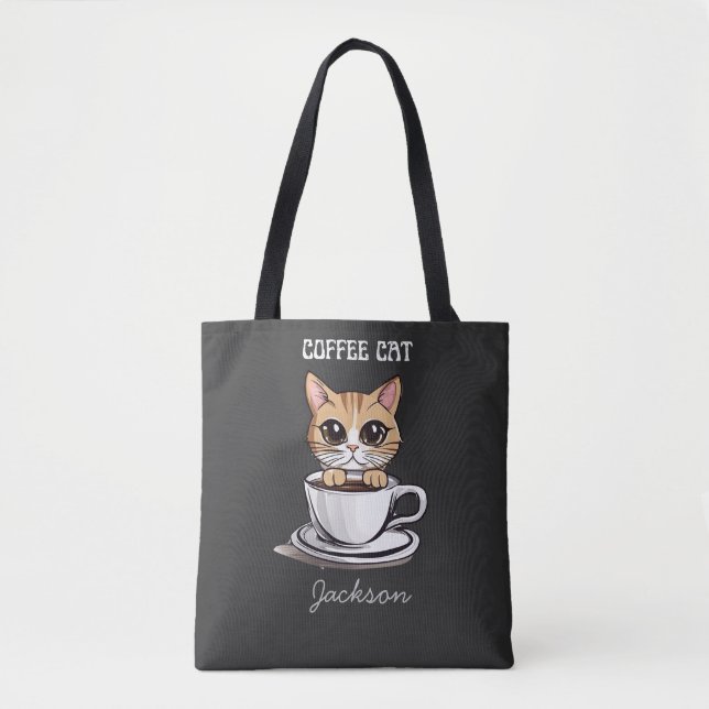 Bolsa Tote Gato de Café Fofo Divertido (Frente)