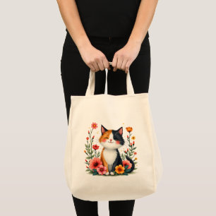 Bolsa Tote Gato de Calico Cinto com Estética Floral de Cottag