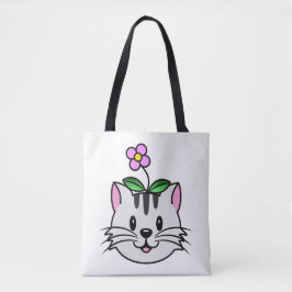 Bolsa Tote Gato de Cartoon Bonito com Flor na Cabeça