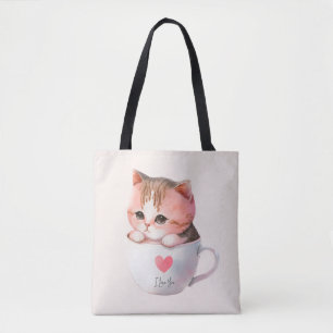 Bolsa Tote Gato de Chibi, Rosa, Cinzento, Cinzento-Cinzento, 