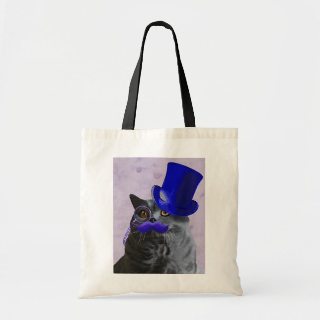 Bolsa Tote Gato de cinza com bigode azul superior e bigode (Frente)