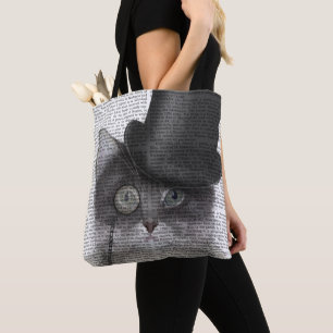 Bolsa Tote Gato de cinza com Chapéu Superior