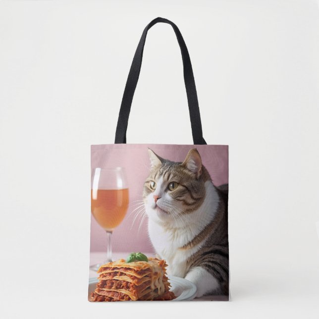 Bolsa Tote Gato de Cinza cômoda com Lasagna e Vidro (Frente)