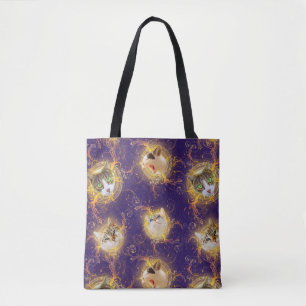 Bolsa Tote Gato de Gatinho Gato-Cute com Damasco Floral ornam