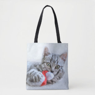 Bolsa Tote Gato de gato malhado cinzento bonito com Xmas do