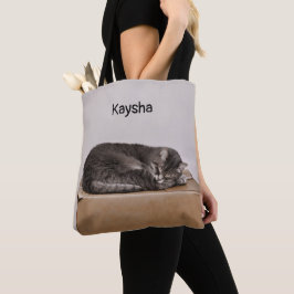 Bolsa Tote Gato de gato malhado cinzento que dorme na caixa