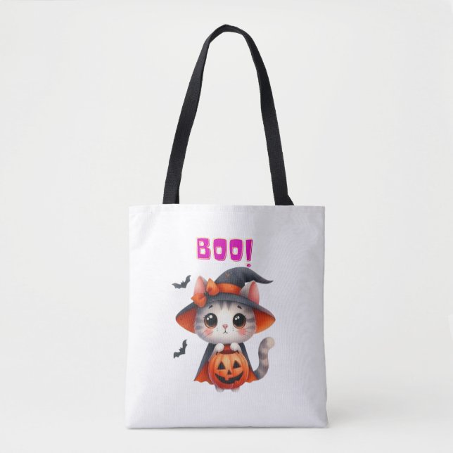 Bolsa Tote Gato de Halloween bonito com abóbora e Deco de Cha (Frente)