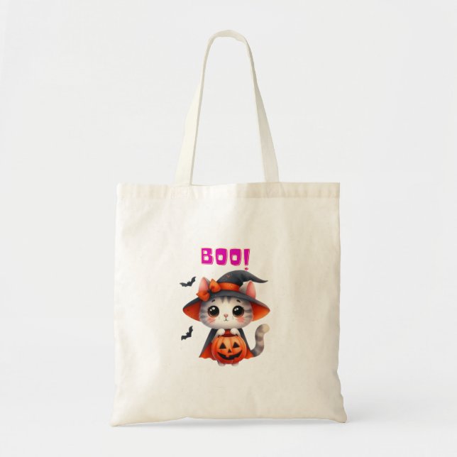 Bolsa Tote Gato de Halloween bonito com abóbora e Deco de Cha (Frente)