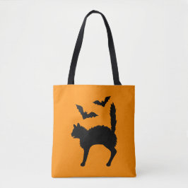 Bolsa Tote Gato De Halloween E Morcegos Silhuette Laranja