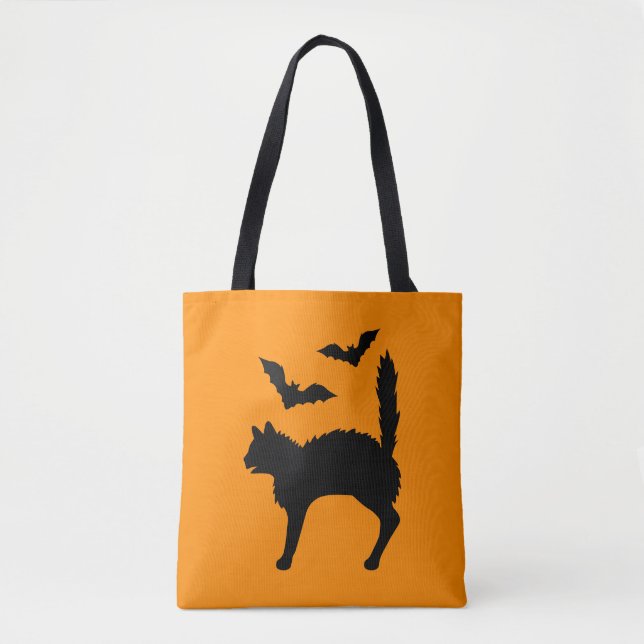 Bolsa Tote Gato De Halloween E Morcegos Silhuette Laranja (Frente)
