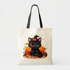 Bolsa Tote Gato de Halloween Negro com Pumpkin e Milho Adorme