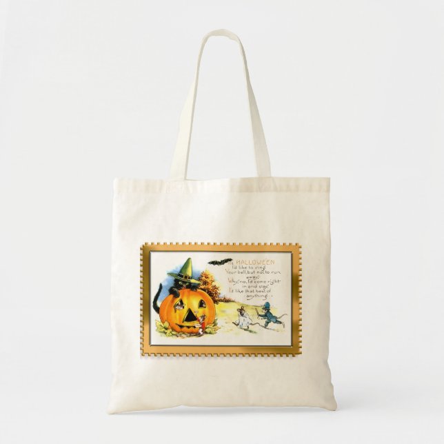 Bolsa Tote Gato de Halloween Sentado na Jack O Lantern (Frente)