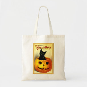 Bolsa Tote Gato de Halloween Sentado na Jack O Lantern