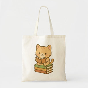 Bolsa Tote Gato de Kawaii, Grito, Lendo um Stash de Livro