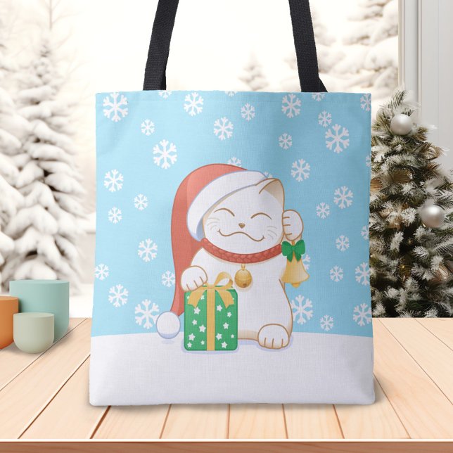 Bolsa Tote Gato de Natal Branco num Chapéu Vermelho (Criador carregado)