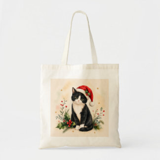 Bolsa Tote Gato de Natal de Smoking com Chapéu de Papai Noel