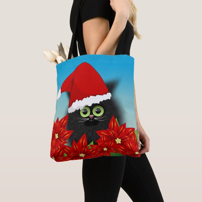 Bolsa Tote Gato de Natal em Santa Hat no meio de Poinsettia (Close Up)