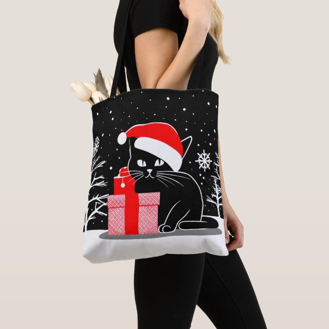 Bolsa Tote Gato de Natal Negro (Close Up)