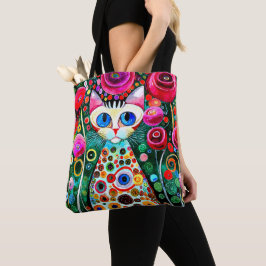 BOLSA TOTE GATO DE OLHOS AZUIS GRANDES COLORIDOS NA ABSTRATO