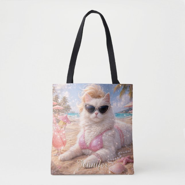 Bolsa Tote Gato de Praia Glamouroso com Óculos de Sol  (Frente)