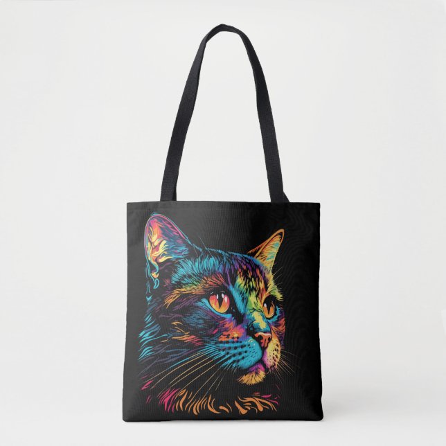 Bolsa Tote Gato de Rosto Colorido Neon (Frente)