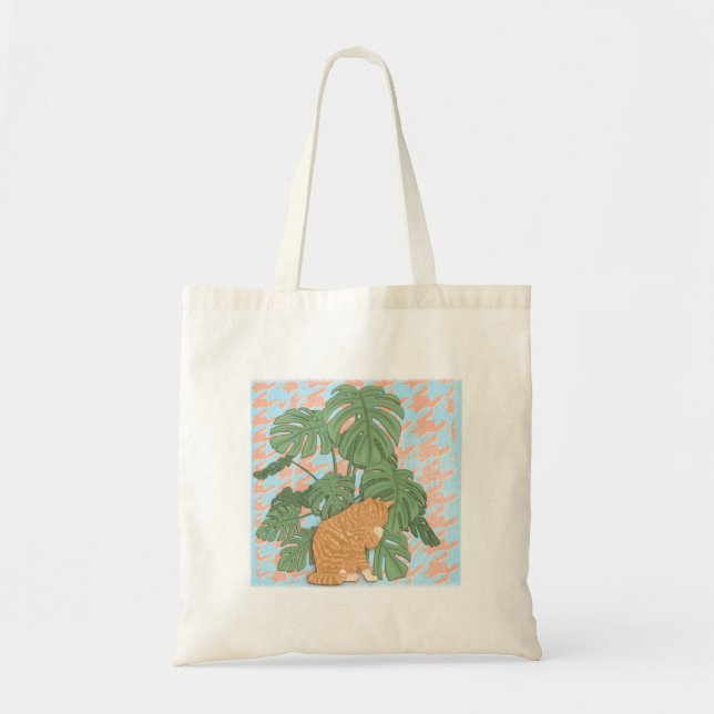Bolsa Tote Gato do gengibre pela sacola do design de planta (Frente)