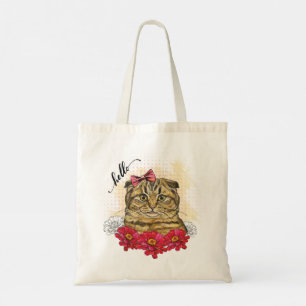 Bolsa Tote Gato-dobra escocês de desenho manual com flores ve