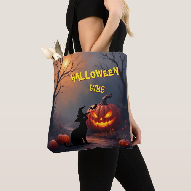 Bolsa Tote Gato e Abóbora Customizáveis de Halloween Assustad (Close Up)