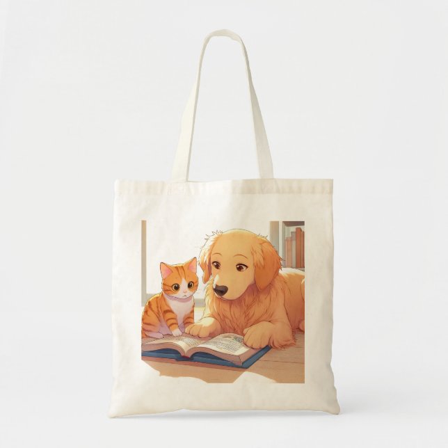 Bolsa Tote Gato e cão lendo um livro (Frente)