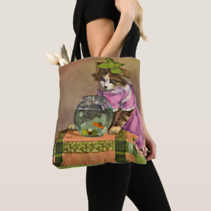 Bolsa Tote gato e tigela de peixe vestidos
