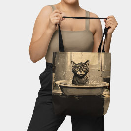 Bolsa Tote Gato Engraçado e Irritado na Banheira Negro Castan