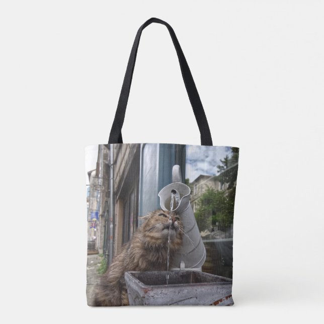 Bolsa Tote Gato Engraçado e Sedento na Rua Francesa (Verso)