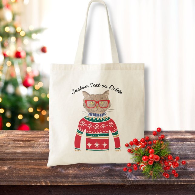 Bolsa Tote Gato Engraçado Vestindo Suéter de Natal Feio Perso (Criador carregado)